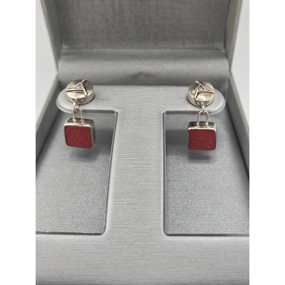 Sterling Silver and red coral or agate stone dangle earrings - Picture 2 of 9